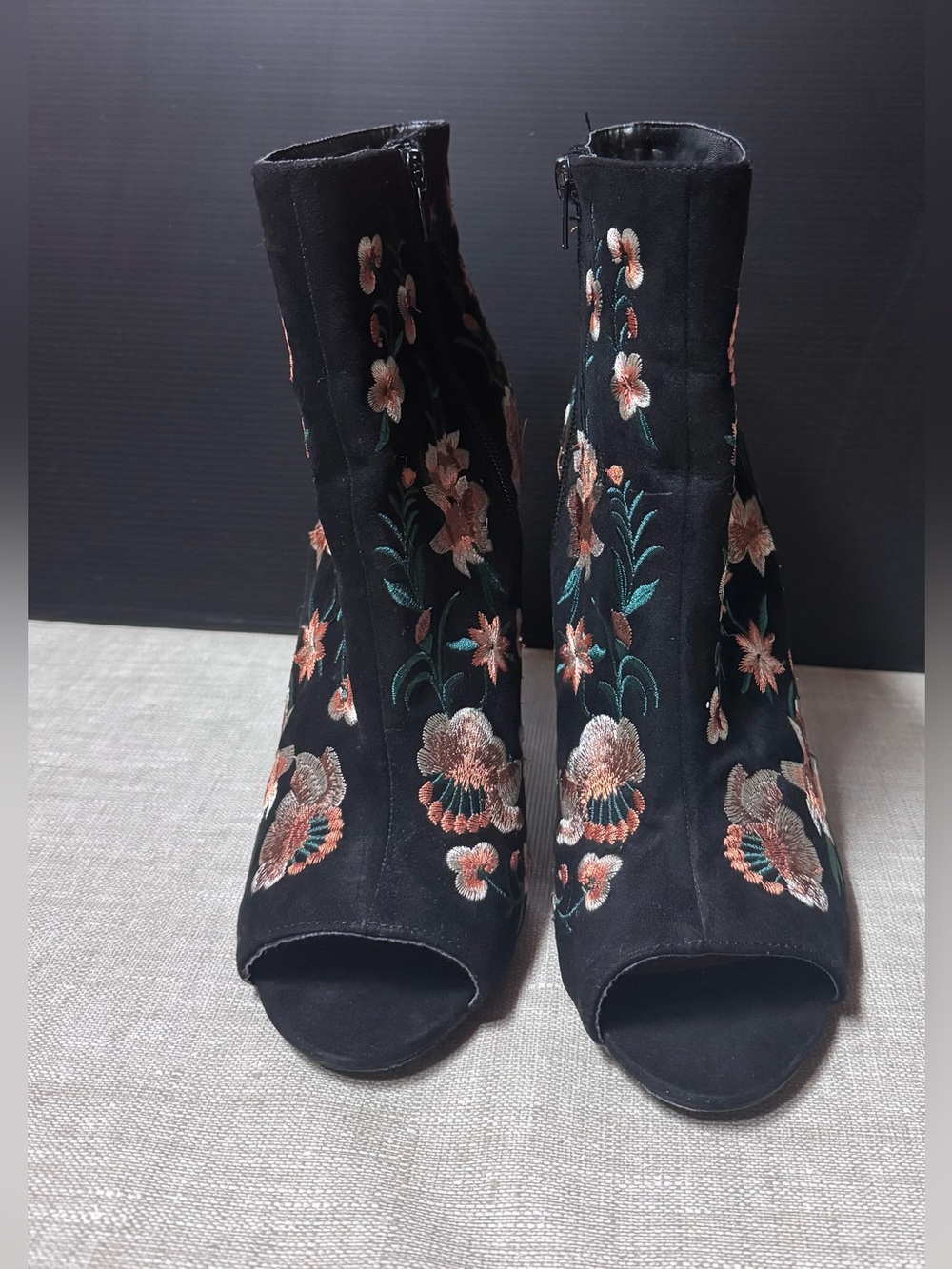 JustFab Black Floral Embroidered Peep-Toe Ankle Boots